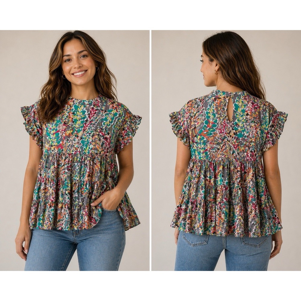 OTT Babydoll Floral Top Size Small Colorful Three Tier Blouse Boho Cottagecore